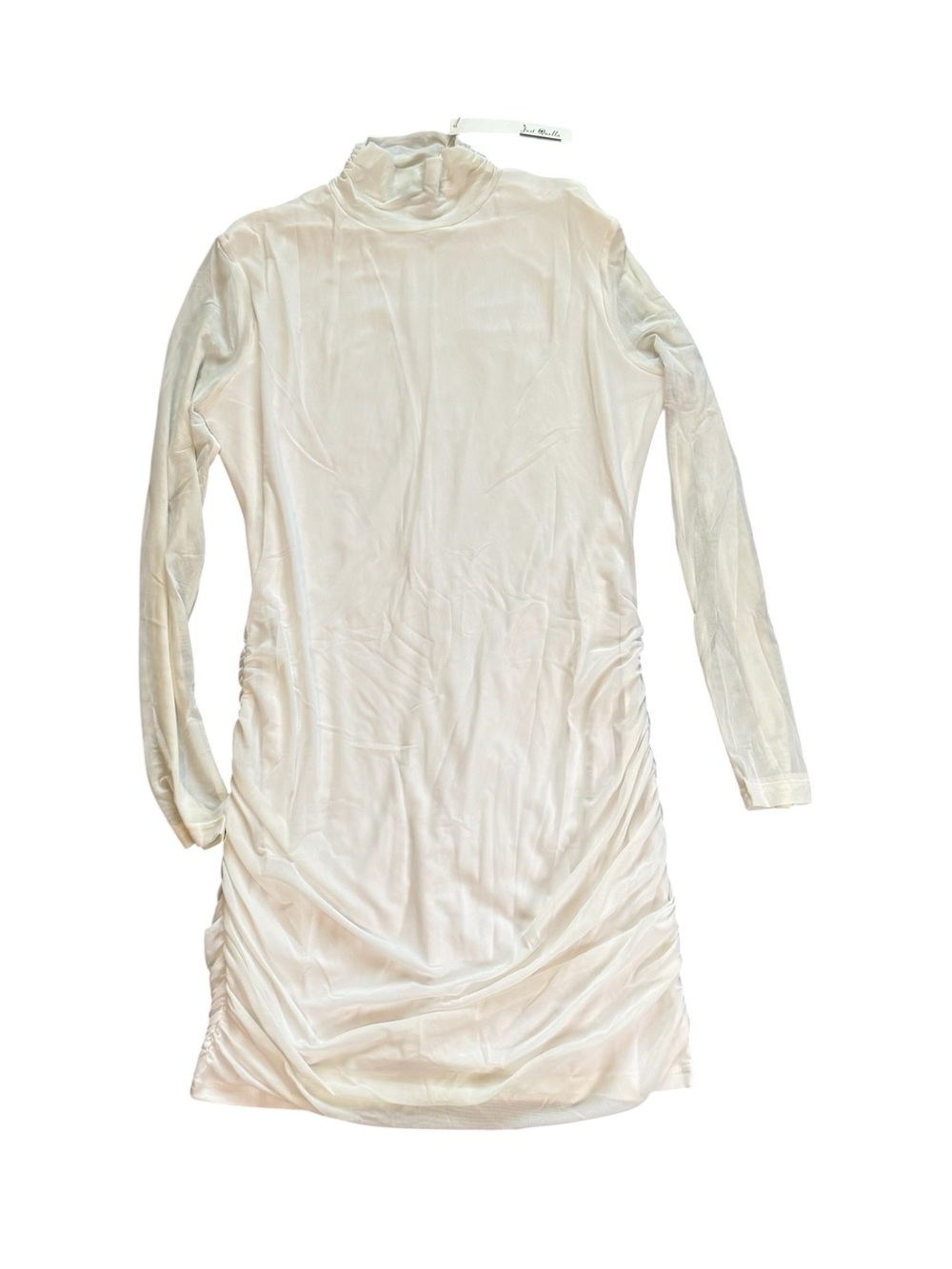 Long Sleeve White Turtleneck Ruched Midi Dress